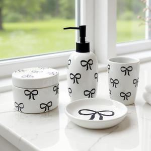 Pink Bathroom Set, 4 Pcs Ceramic Bathroom Accessory Sets - Soap Dispenser, Tumbler Toothbrush Holder, Vanity Soap Tray, Cotton Swab Jars - Pink Bathroom Decor Gift for Her (Black)