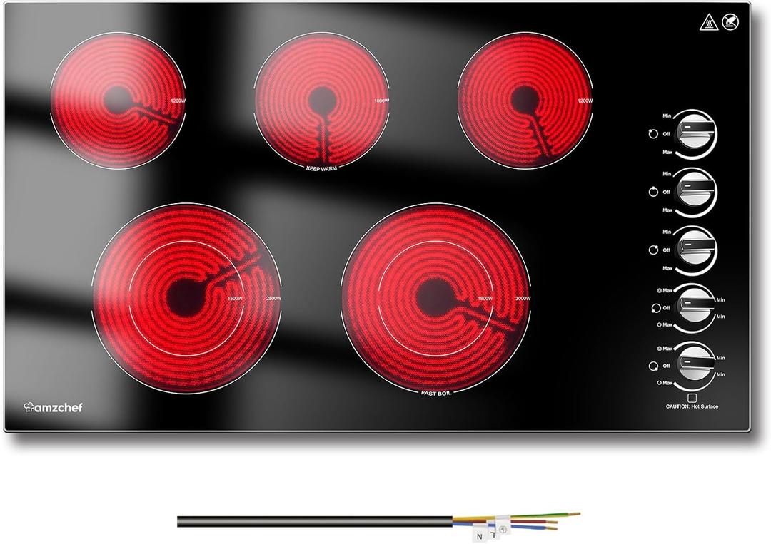 AMZCHEF 8900W Electric Cooktop 36 Inch, Built-in Electric Cooktop 5 Burner Stove Top, 36" Radiant Stovetop with Knob Control, 220-240V for Hard Wire