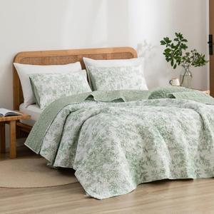 Wonderful Spring Fresh Quilt, Sage Green Floral Bedspread Queen Size, 3 Piece Cotton Vintage Farmhouse Bedding Set, Machine Washable Lightweight Soft Bed Cover for All Season | breathable material, Hypoallergenic soft