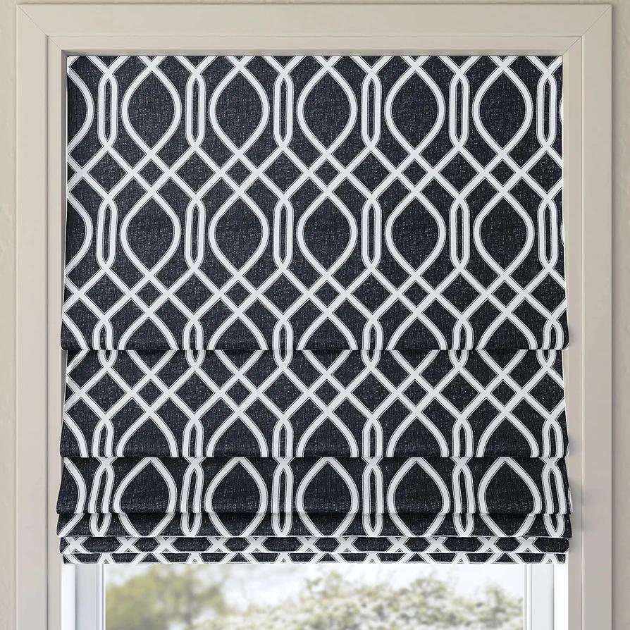 Sun Zero Dyer Modern Trellis Total Blackout Cordless Roman Shade, 31" x 64", Navy Blue
