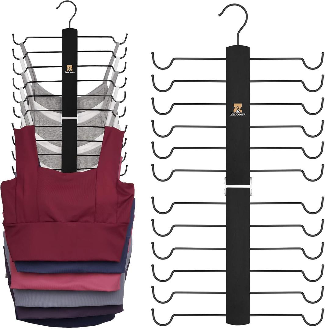 ZEDODIER Tank Top Hanger2 Pack Wooden Bra Organizer for Closet, 12 Storage Capacity, Top 360 Rotation, Hanging Space Saving Hook for Tank Tops, Sport Bras, Camisoles, Lingeries, Black