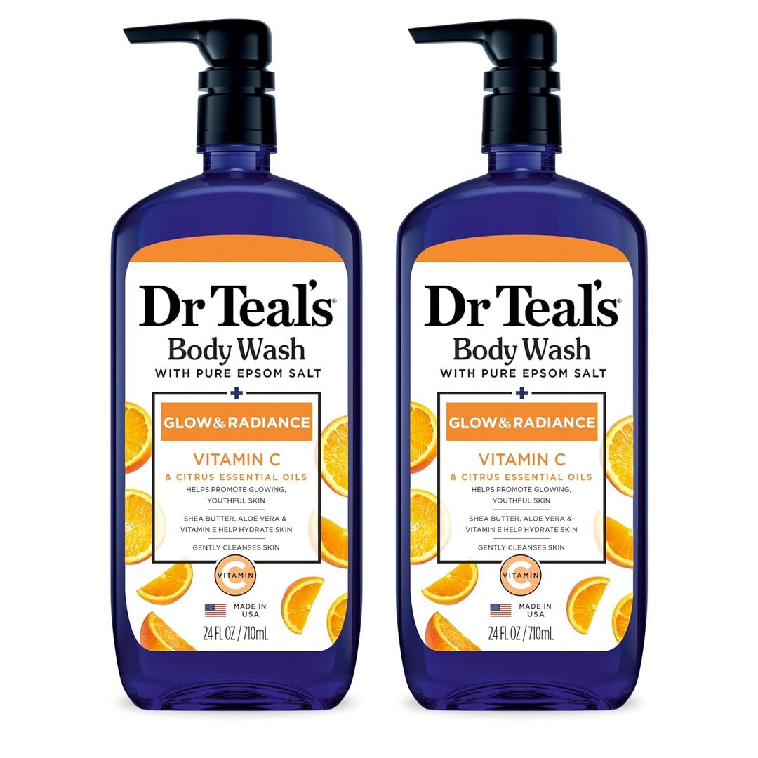 Dr Teal's Body Wash with Pure Epsom Salt, Glow & Radiance with Vitamin C & Citrus Essential Oils, 24oz (Pack of 4)