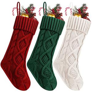 Fesciory Christmas Stockings, 3 Pack 18 Inches Cable Knitted Large Size Stocking Gifts & Decorations for Family Holiday Xmas Party (Burgundy&Ivory White and Green 18in)