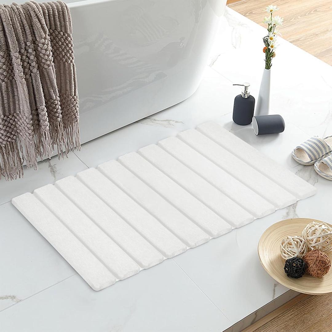 Foldable Stone Bath Mat, Non-Slip Diatomaceous Earth Bath Mat, Super Absorbent Quick Drying Bath Stone Mat, Luxury Bath mat for Bathroom Kitchen Bathtub, 23.4 * 15.4" White