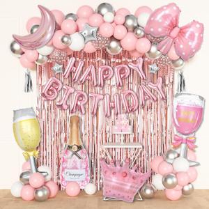 Ouddy Life Pink Happy Birthday Party Decorations for Women Girls, Pink Happy Birthday Love Crown Bow Bottle Lipstick Balloons Fringe Curtain for Princess Birthday Wedding Baby Shower Party Supplies