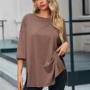 Oversized Tshirts for Women 3/4 Length Sleeve Casual Workout Tops Loose Fit Gym Shirts Side Slit Basic Tees Tunic (Brown, S)