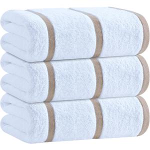 White Classic Cotton Pool Towels Oversized 35 x 70 Inches, Ultra Absorbent and Low Lint Striped Beach Towels for Adults, Stripes Design Luxury Extra Large Bath Towels, Cream Beige, 3 Pack