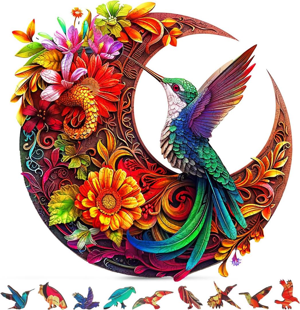 Unique Wooden Puzzles for Adults, Hummingbird Puzzle 300 Pieces 15.35" x 15.15", Animal Shaped Wood Puzzles Adult, Wooden Jigsaw Puzzles for Adults, Family Games for Kids and Adults