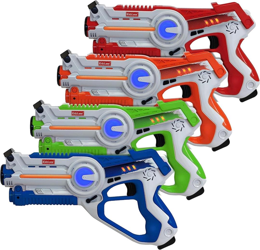Kidzlane Laser Tag Guns Set of 4 for Kids and Adults - Infrared Laser Tag Set with 130 ft Range - 4 Team and Gun Modes - Indoor and Outdoor Toy Guns for Boys and Girls - Multiplayer Game for Ages 8+ (Multi Color - Battery)