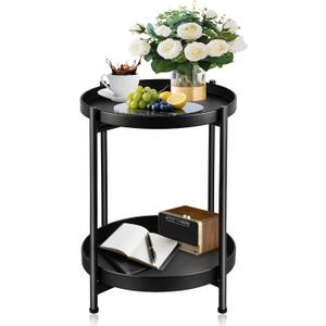 Foldable 2-Tier Round Side Table, Metal End Table with Storage for Indoor Outdoor Use, Small Coffee Table for Living Room, Bedroom, Patio, Black
