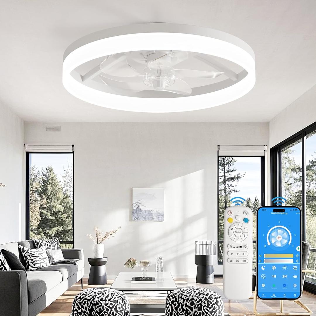 CubiCubi Ceiling Fans with Lights, 20 Inch White Low Profile Ceiling Fans with Lights and Remote Control, APP, Modern Flush Mount LED Ceiling Fan with 3CCT and 6 Wind Speeds for Bedroom, Living Room