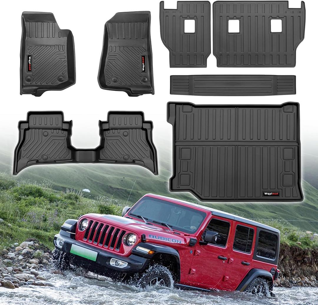 for 2021-2024 2025 Jeep Wrangler JL 4XE Floor Mats Cargo Liner and Backrest Mat All Weather TPE Rubber Protection Mat Accessories (Only for Jeep Wrangler JL 4XE Full Set)