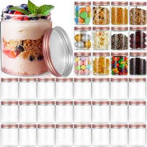 Hushee 24 Pcs 8 oz Plastic Jars with Lids Clear Round Food Jars with Rose Gold Lids Plastic Mason Jars Stackable Refillable Empty Storage Containers for Kitchen Cookie Candy Spices Dry Food Cream