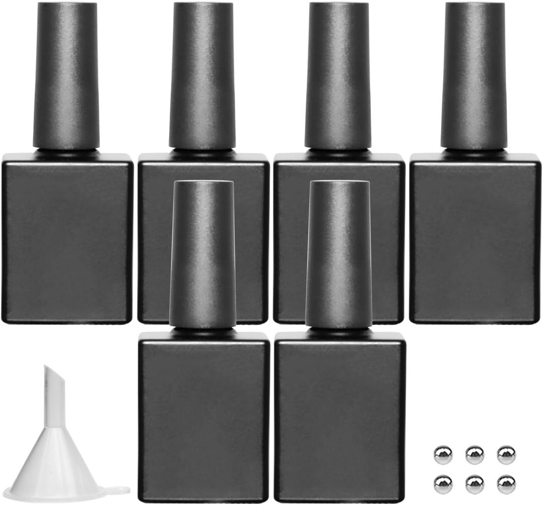 Empty Gel Nail Polish Bottles with Brush 10ML Black, Opaque Square Glass Refillable Fingernail Polish Bottles UV Safe with Mixing Balls & Funnels, Pack of 6