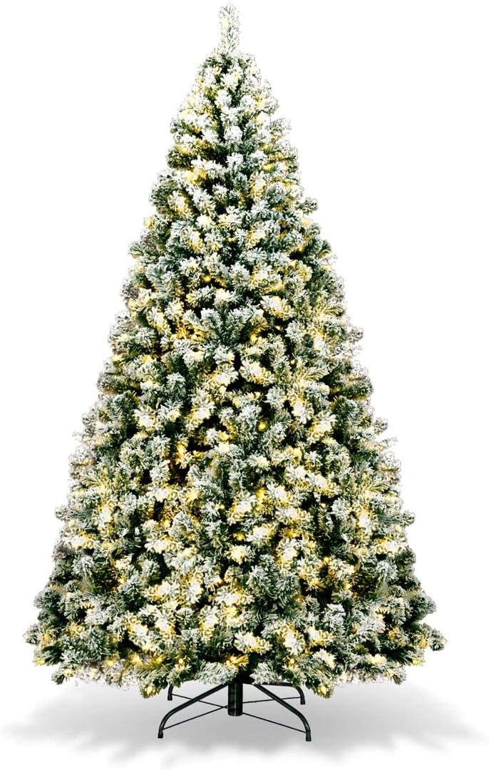 7.5Ft Pre-Lit Artificial Christmas Tree, Snow Flocked Hinged Pine Tree with 550 Led Lights, 1346 Branch Tips, Easy Assembly, Metal Stand, Perfect Xmas Decoration for Home, Office, Party