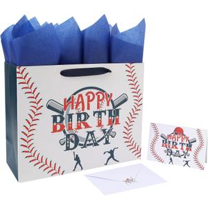 wishinside 13” Large Baseball Happy Birthday Gift Bag Set with Handles, Greeting Card, Tissue Papers and Stickers for Boys Kids Teens, Sport Themed Birthday Design, 1 Pcs