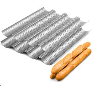 Tiawudi 2 Pack Nonstick Perforated Baguette Pan 15" x 13" for French Bread Baking 4 Wave Loaves Loaf Bake Mold Oven Toaster Pan (Silver)