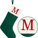 Christmas Stockings with Initials,20 Inches Large Knit Embroidered Letter Green White Christmas Stocking,Monogram Christmas Stocking for Famliy Holiday and Xmas Tree Fireplace (Letter M)