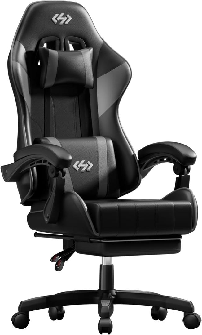 HLDIRECT Gaming Chair, Ergonomic Computer Office Chair with Lumbar Support Footrest Headrest, Adjustable Height & Backrest Angle Video Gamer Chair, PU Leather, 360° Swivel, Adult (Black&Grey), Standard