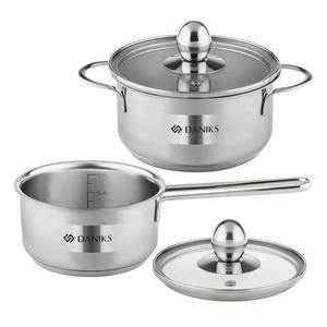 Daniks Mini Stainless Steel Cookware Set, 4-Piece – Induction Compatible, Dishwasher Safe, Heat-Resistant Handles, Glass Lids, Silver