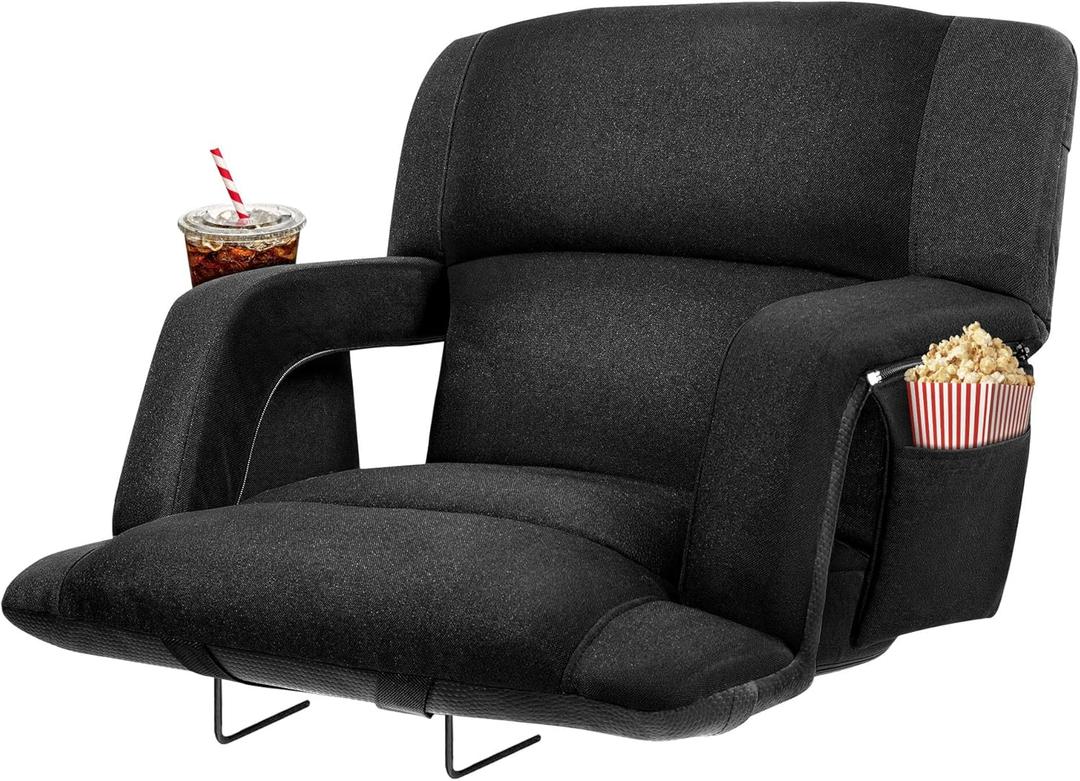 Extra Wide Bleacher Chairs with Back and Cushion Folding Stadium Chairs, Sofa Style Design 6 Reclining Positions Waterproof Bleacher Seats (1, Black, Wide-26in)