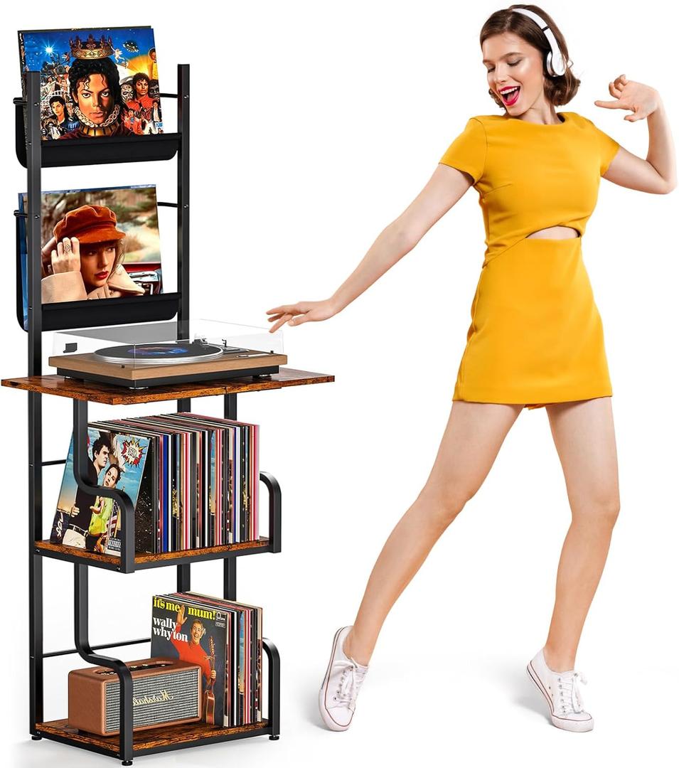 TJ.MOREE Record Player Stand with Vinyl Storage, Tall Record Player Table with Rack Turntable Stand and Record Holder Vinyl Display Shelf up to 210 Album, Corner Record Player Cabinet Organizer (Black & Brown)