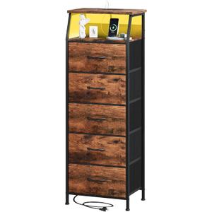 Somdot Tall Nightstand with Charging Station and LED Light for Bedroom, 5 Drawers Dresser with Fabric Bins for Bedside Kids Dorm Room Closet Laundry Entryway, Wood Grain Print (11"D x 16.5"W x 45.3"H (5 Drawers)