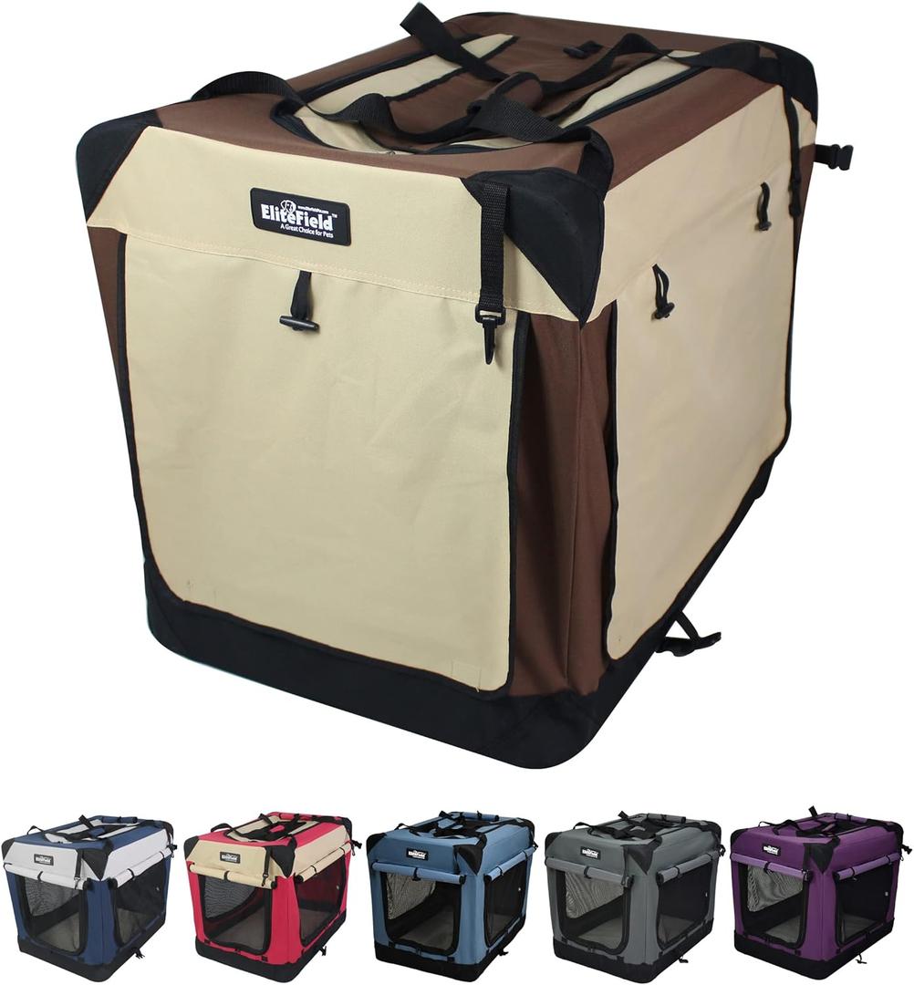 EliteField 4-Door Folding Soft Dog Crate with Curtains, Carrying Bag and Fleece Bed Indoor & Outdoor Pet Home (20" L x 14" W x 14" H, Brown+Beige)