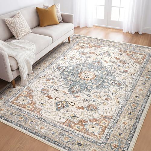 6x9 Area Rugs Living Room: Washable Boho Large Neutral Vintage Soft Rug Stain Resistant Distressed Farmhouse Non-Slip Indoor Floor Carpet for Bedroom Nursery Kids Office Dining Room- Beige Blue