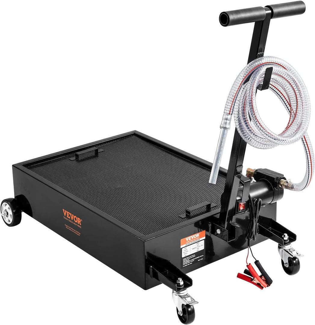 VEVOR Low Profile Oil Drain Pan, 15 Gal Oil Drain Pan with Pump, Oil Change Pan with 180W Electric Pump, 8.2ft Hose & Folding Handle, Rolling Oil Drain Cart for Trucks, Buses, RVs