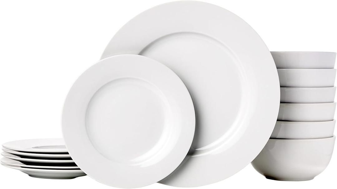 Amazon Basics 18-Piece White Dinnerware Set, Plates, Bowls, Service for 6