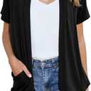 HIYIYEZI Open Front Cardigan Sweaters for Women with Pockets Lightweight Short Sleeve Ruffle Front Kimono Cardigan Duster (X-Large, A-01 Black)