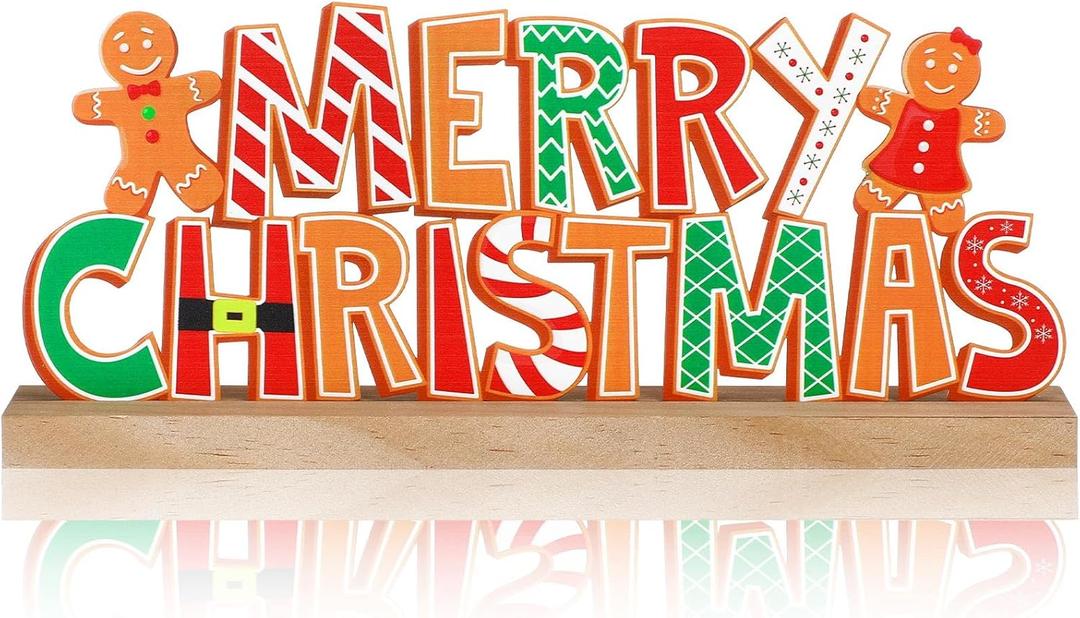 Realspring Gingerbread Man Metal Sign Gingerbread Christmas Table Decoration Xmas Tiered Tray Decor Freestanding Metal Word Sign with Wooden Base for Xmas Home Tabletop Centerpiece Mantel Fireplace