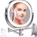 9" Wall Mounted Lighted Makeup Mirror, 3000mAh Rechargeable Double Sided 1X/10X Magnifying Mirror with Hook, 3 Color Lights Dimmable 360 Rotation Vanity Mirror for Bathroom (Chrome-oval)
