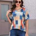 Totatuit Women's Casual Summer Tunic Tops Short Sleeve Crewneck Oversized T Shirts Graphic Print Loose Fit Blouses Covering Butt for Leggings Grid Geometric Pattern Elbow Length Sleeve (L)
