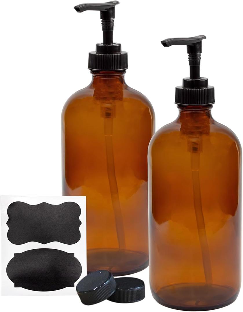 Cornucopia Brands 16oz Amber Glass Bottles w/ Pump Dispensers (2-Pack); Refillable Lotion Liquid Soap Pump Brown Bottles Labels, BPA-Free Plastic Tops