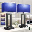 3 Color Temperatures Table Lamps for Bedrooms Set of 2, 22 Touch Control Bedside Nightstand Lamps with 2 USB Ports & AC Outlet, Stepless Dimmable Lamps with Blue Shade, Modern Decor for Living Room (Large)