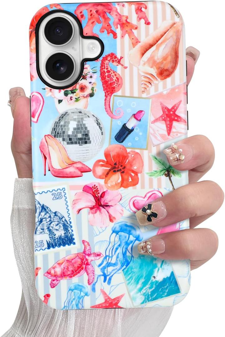 SOKAD Magnetic Summer Collage Phone Case for iPhone 16, Cute Beach Coastal Collage Pattern Compatible with Magsafe Matte Protective Case Cover with Screen Protector for Girls Women