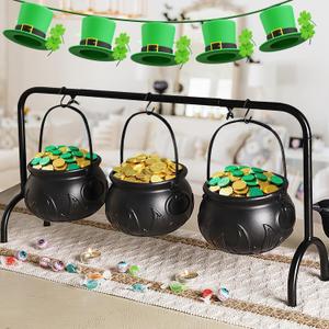 Zcaukya St. Patrick's Day Decorations, 3 Packs Plastic Witch Cauldrons Hanging On Iron Rack, Black Witch Pots Set with Stand Candy Holders for Haunted House Party Supplies Tabletop Decor