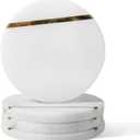 Koville Marble Coaster Set of 4, Round Coasters, 4" Stone Coaster for Drinks Coffee, White Marble with Gold Brass Coasters for Coffee Table Home Bar Decor, Heat Resistant, Gift Choice