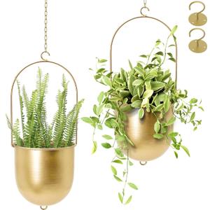 AceList Boho Hanging Planter, Set of 2 Gold Metal Plant Hanger with Hooks and Chains, Modern Wall & Ceiling Planters Outdoor/Indoor Hanging Planter for Window, Porch, Balcony and Home Décor