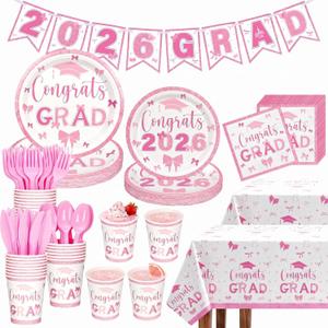Marspark 173Pcs Pink Bow Graduation Decorations 2026 Set Coquette Class of 2026 Party Supply Serve 24 Grad Disposable Paper Plate Cup Napkin Cutlery Tableware Tablecloth Banner for College High School