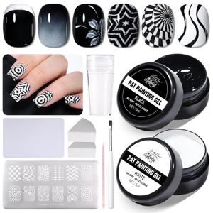 Nail Art Stamping Polish, 2Pcs Ombre Gel Polish Black&White, Gradient Pat Painting Gel Nail Polish French Manicure Kit with Nail Art Stamp Plate, Nail Stamper Scraper Set, UV/LED Curing Required