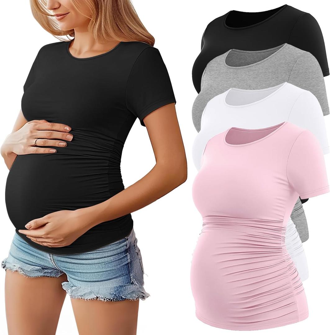 Huukeay 4 Pack Women's Maternity Shirts, Crew Neck Maternity Top Short Sleeve Casual Cotton Tee Side Ruched Pregnancy Clothes (Medium, Black, Pink, White, Light Gray)