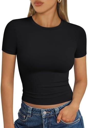Trendy Queen Womens Basic T Shirts Summer Tops 2025 Short Sleeve Crop Tops Slim Fit Gym Workout Y2k Clothes, Medium
