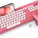 Wireless Keyboard and Mouse Combo, Retro Round Keycaps, Cute Full-Size Typewriter Keyboard with Phone Holder, Sleep Mode, Click Soft, 2.4GHz Cordless Connection for Windows/PC/Laptop (Pink-Colorful)