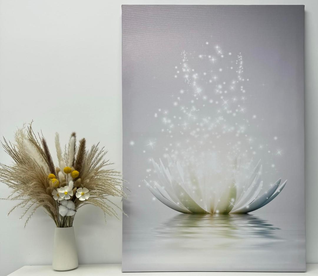 Lotus Flower Bloom in Water Canvas Wall Art Zen Spiritual White Floral Print Painting Pictures Framed Artwork Inspired Wall Art Decor for Zen Meditation Yoga Home Spa Zen Bedroom Bathroom Living Room (16"L x 12"W)