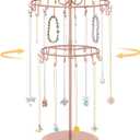 EsLuker.ly Necklace Holder Organizer Rotating Display Stand, 2 Tier Adjustable Height Necklaces Hanger Tree with 42 Hooks, Metal Tall Jewelry Bracelet Storage Rack for Women Vendors Sell, Rose Gold