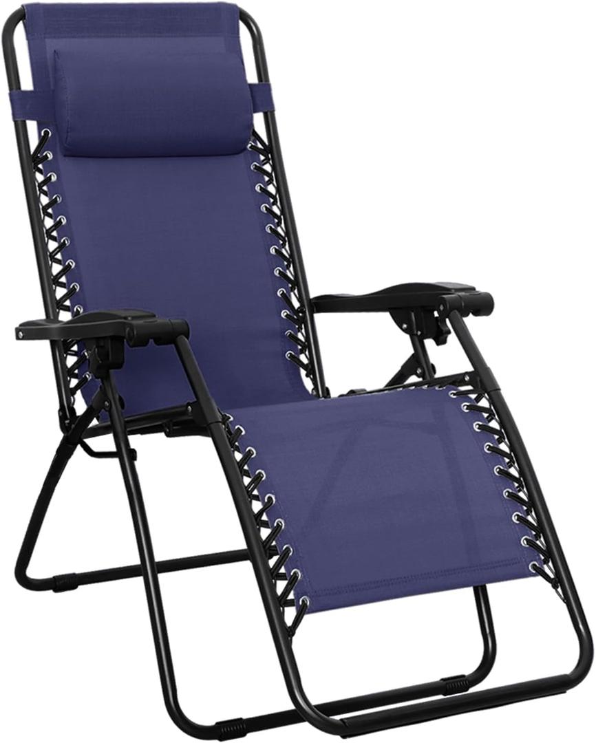 Outdoor Patio Zero Gravity Lounge Chair with Pillow, Folding Reclining and Textilene Adjustable, Folding Lounge Lawn Chairs for Outside, 26", Blue (Navy Blue)