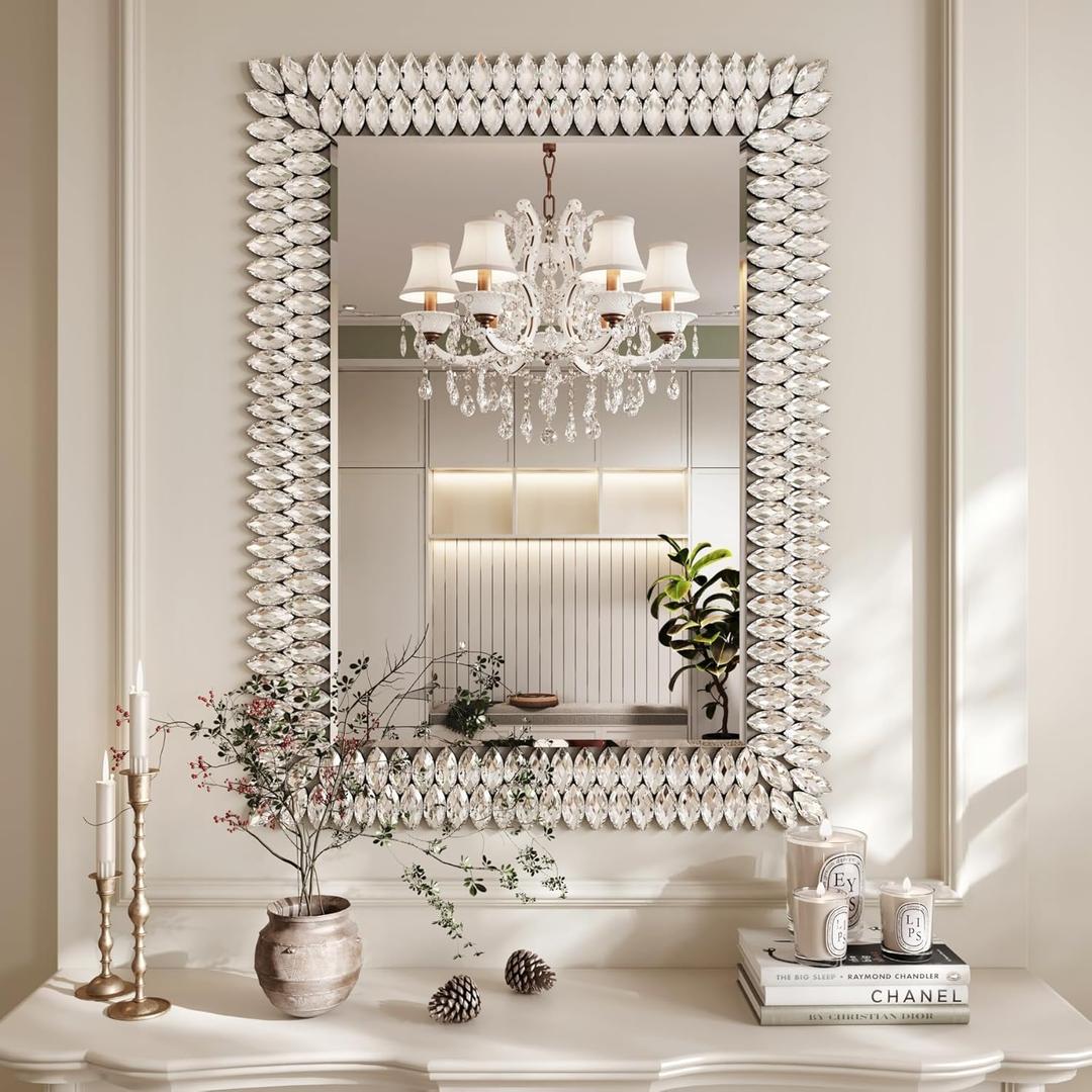 Kelly Miller 30"x40" Jeweled Bathroom Wall Mirror, Large Rectangle Mirror Decorative Mirror Luxury Vanity Mirror with Diamonds for Master Bath Half Bath Living Room Bedroom Fireplace Mantle Entryway